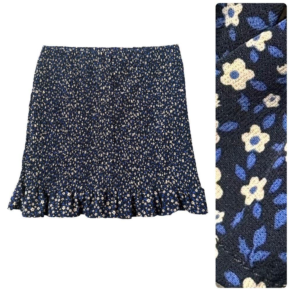 Blue Ditsy Floral Smocked Mini Skirt Ruffle Hem Cottagecore Coquette BOHO Size L